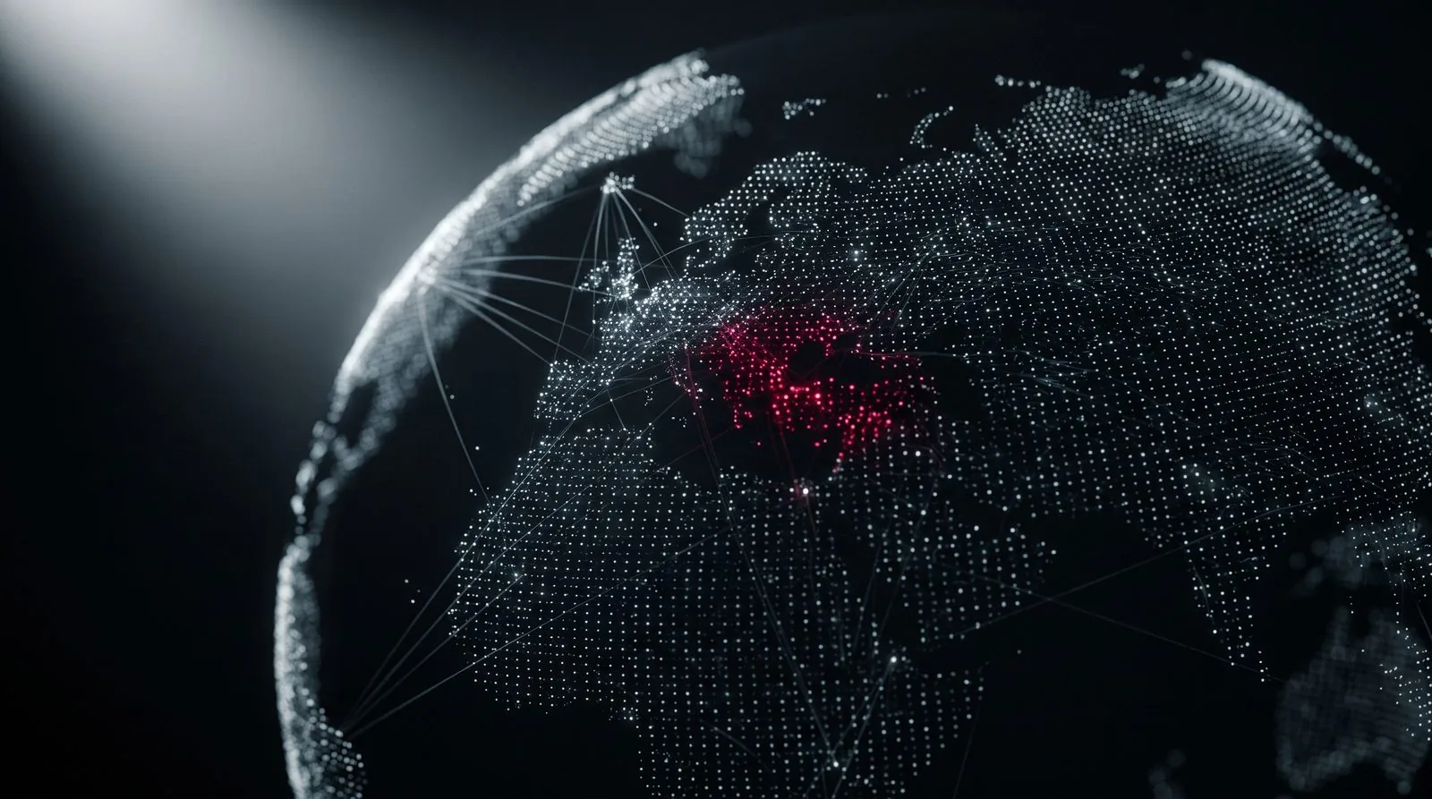 Point cloud globe with a cluster of active incursion nodes lit in red across Eastern Europe